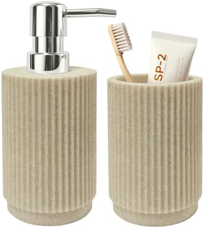 2Pcs Beige Bathroom Set, Striped Resin Soap & Toothbrush Holder, Boho