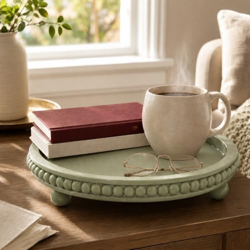 Sage Green Coffee Table Tray, 12" Round Wooden Decorative Tray