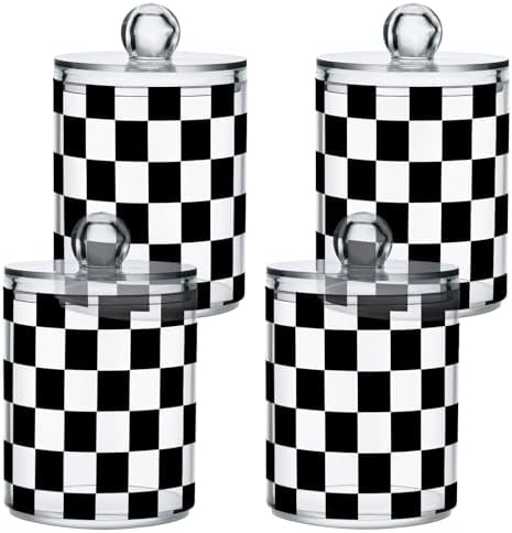 ALAZA Black White Checkered Plaid 2 Pack Qtip Holder Dispenser for Cotton Swabs, Balls, Pads, Floss 10 oz Plastic Canister Organizer