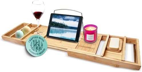 Expandable Bamboo Bath Tray for Tub – 43" Wooden Bathtub Caddy with Shelf – Spa Bathroom Decor & Accessories for Women – Bathtub Tray for Relaxation & Storage