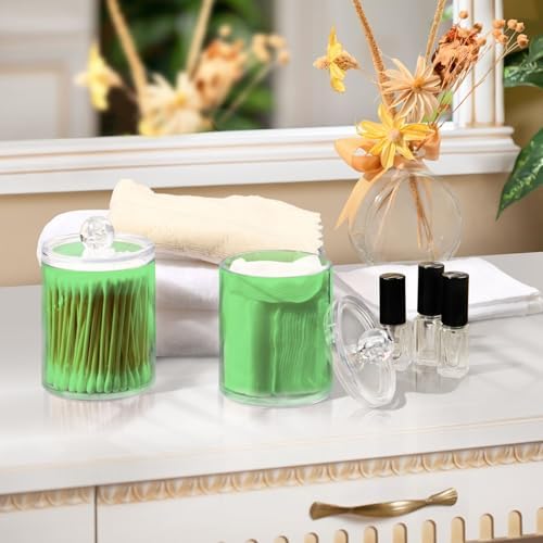 Gredecor 4 Pack Light Green Qtip Holder Organizer Dispenser Clear Bathroom Storage Canister Cotton Ball Holder Bathroom Containers for Cotton Swabs/Pads/Floss