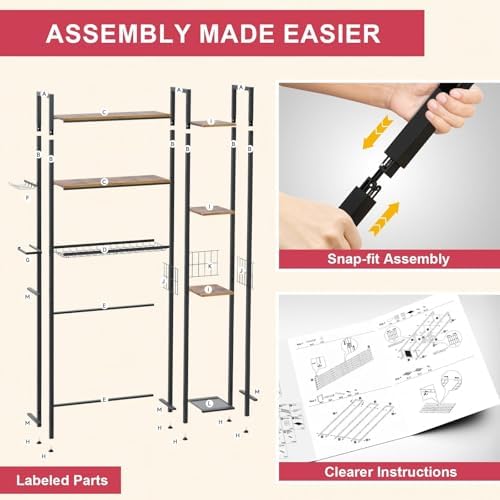 Over The Toilet Storage with Wooden Shelves and Side Rack, 7-Tier Metal Over Toilet Bathroom Organizer Freestanding Storage Shelf for Toilet Paper, Towels, Toiletries, Ideal for Small Bathroom