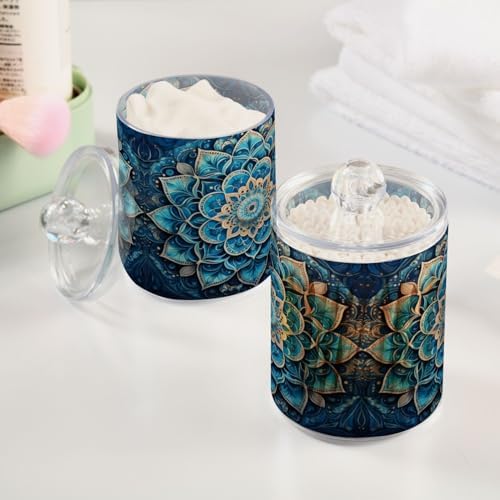 Mandala Pattern Blue Qtip Holder 2 Pack - 10 Oz Clear Plastic Apothecary Jar Set for Bathroom Organization - Versatile Canister Storage for Cotton Balls, Swabs, Rounds