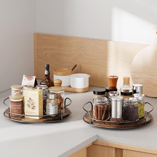 LAMU 2 Pack 9'' 12'' Lazy Susan Turntable Organizer for Table Top Cabinet, Wooden Lazy Susan for Kitchen, Pantry, Countertop, Bathroom Vanity, Spice Organization, Wood Decor