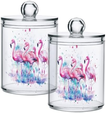 Fustylead 2 Pack Watercolor Pink Flamingos Qtip Holder Dispensers, Bathroom Storage Canister Plastic Apothecary Jar Set for Cotton Swabs, Ball, Pads, Floss