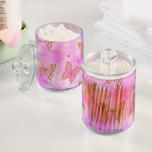 DOMIKING Butterfly Star Pink 2 Pack Cotton Swab Holder Dispenser Plastic Jar Bathroom Storage Canister Acrylic Containers for Cotton Round Pads Ball Swab
