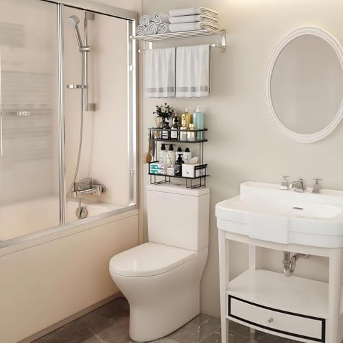Over The Toilet Storage Rack - Bathroom Organizer Shelf, 2-Tier Floating Shelves with Hooks, No-Drill, Toilet Paper Holder for Restroom Bathroom Vanity Kitchen (Black)