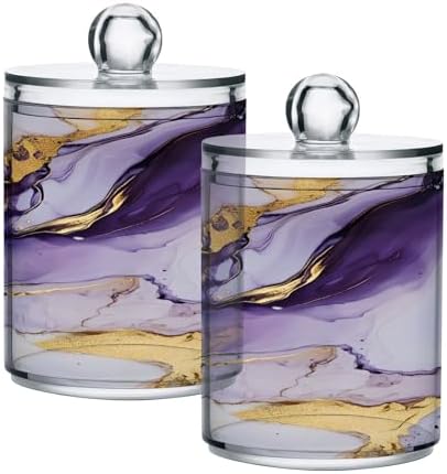 MNSRUU 2 Pack Qtip Holder Organizer Dispenser Purple Transparent Waves Marble Bathroom Storage Canister Cotton Ball Holder Bathroom Containers for Cotton Swabs/Pads/Floss