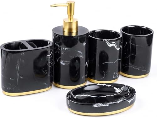 5 Piece Bathroom Accessories Set, Marble Resin Bathroom Set with Soap Dispenser, Toothbrush Holder, Soap Dish and Tumblers, Modern Bathroom Countertop Decor with Gold Accents (Black)