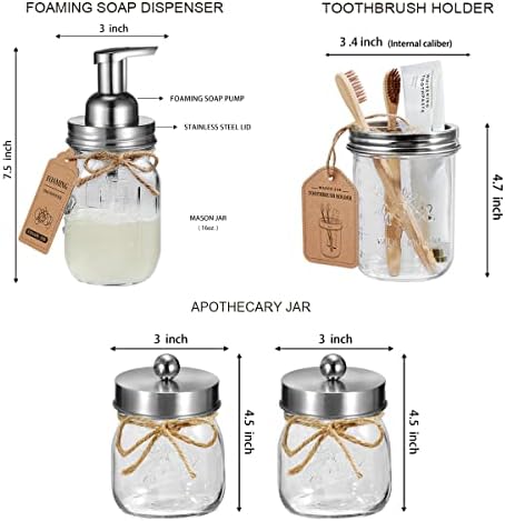 SheeChung Glass Mason Jar Bathroom Accessories Set, 6Pcs Farmhouse Decor
