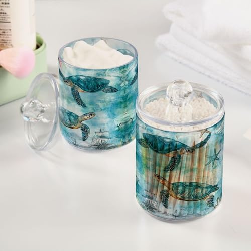 MNSRUU 2 Pack Qtip Holder Organizer Dispenser Turtle Starfish Map Sailing Bathroom Storage Canister Cotton Ball Holder Bathroom Containers for Cotton Swabs/Pads/Floss