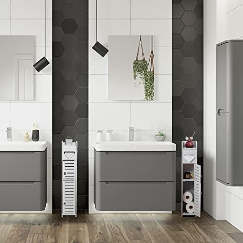 TuoxinEM Storage Cabinet for Small Spaces, Over The Toilet Cabinet for Skinny Bathroom Storage Corner Floor, Slim Paper Holder with 2 Doors & Shelves (White)