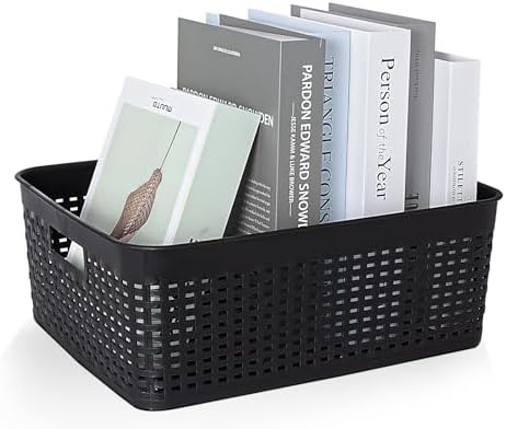 Soddeph Plastic Storage Baskets for Cabinets, Household Pantry Organization with Handle,Organizer Bins for Room,Bathrooms,Under-Sink,Kitchen (Black, L-3PACK)