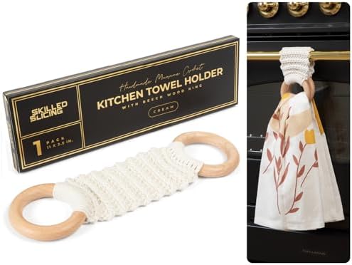 Hanging Kitchen Dish Towel Holder (Handmade Crochet), Decorative Boho Macrame Kitchen Towel Hanger Loop Ring Makes a Unique Gift for Birthday, Thanksgiving, 11 Inches (Cream)