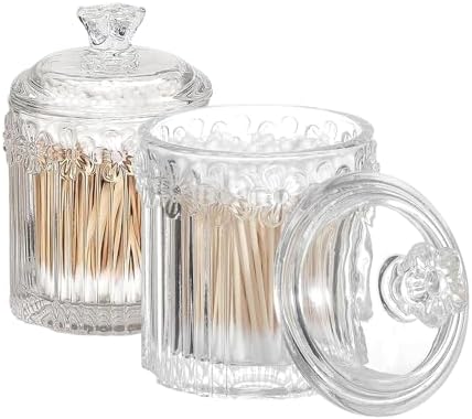 2 Pack Qtip Holder Thick Glass Apothecary Jars with Lid for Bathroom, Cotton Swab and Round Organizer, Vanity Storage Canisters for Makeup Pads, Floss (Transparent)