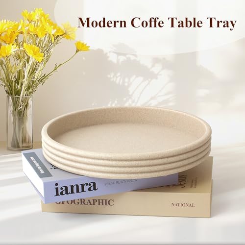 Round Decorative Tray, Modern Coffee Table Tray Decor 11" Resin Beige Tray
