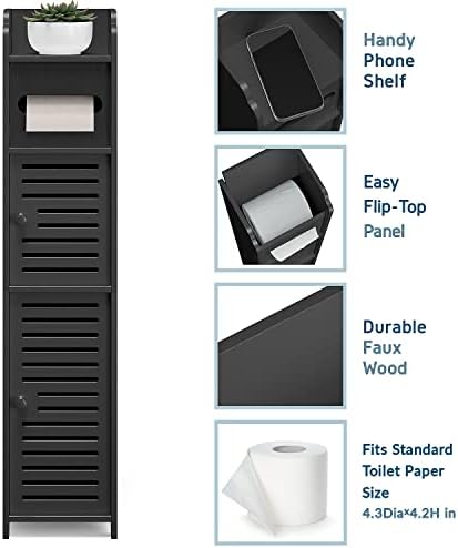 Hearth & Harbor Storage Cabinet With Doors for Toilet Paper, Floor Standing Bathroom Organizer With 2 Apothecary Decor Jars, Shelf Organizer, Black