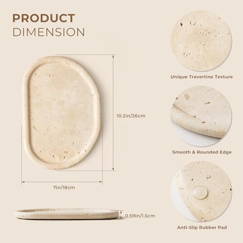 Natural Travertine Tray,Marble Ring Dish for Bathroom,Special-Shaped Jewelry Tray,Dressing Table, Bedside Table,Home Decor,Beige Large (NS030)