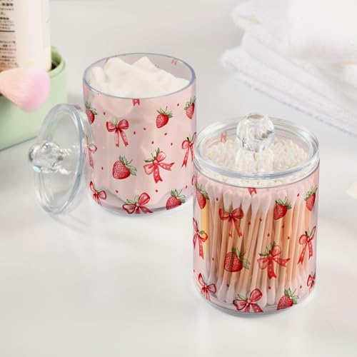 ALAZA Strawberry Bow Polka Dots 4 Pack Qtip Holder Dispenser for Cotton Swabs, Balls, Pads, Floss 10 oz Plastic Canister Organizer