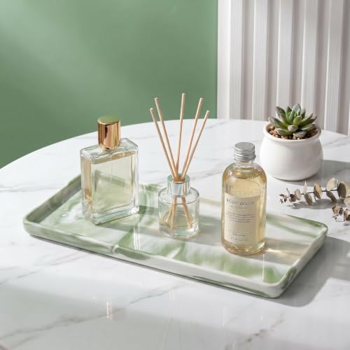 10″ x 3.5″ Ceramic Bathroom Vanity Tray, Rectangular Decorative Countertop Tray for Bathroom Kitchen, Ceramic Organizer Tray for Perfume, Candle, Jewelry, Cosmetics, Soap Dispenser, Marble Green