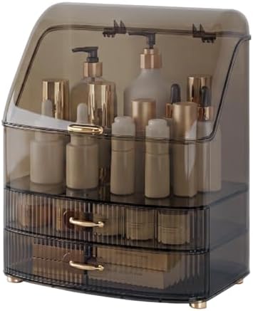 Makeup Organizer Countertop Vanity with Transparent Lid Drawers Waterproof Dustproof Cosmetic Skincare Bathroom Storage Gift for Women Teens Girls (Clear Black)