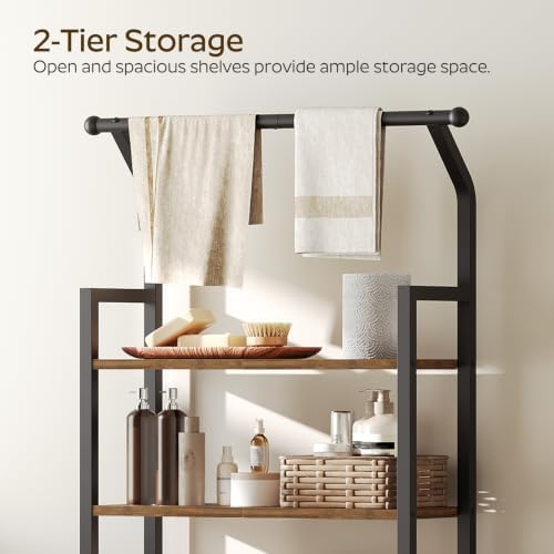 YATINEY 2-Tier Over The Toilet Storage, Multifunctional Vertical Over Toilet Bathroom Organizer, Freestanding Bathroom Storage Shelves with Hooks, Bathroom Organizer, Rustic Brown and Black TR01BR