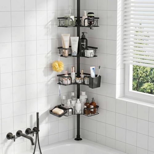 4-Tier Corner Shower Caddy Tension Pole, Floor to Ceiling Shower Corner Shelf Organizer with Soap Hold No-Drill 23.6-114.5 Inch (Black Old)