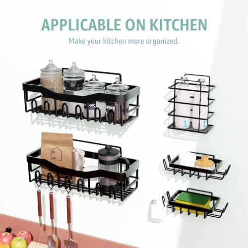 Adhesive Shower Caddy 5 Pack – Rustproof Stainless Steel No-Drill Bathroom Organizer Shelves with Large Capacity, Waterproof Storage Racks for Shower, Kitchen, Dorm, Apartment, and Home
