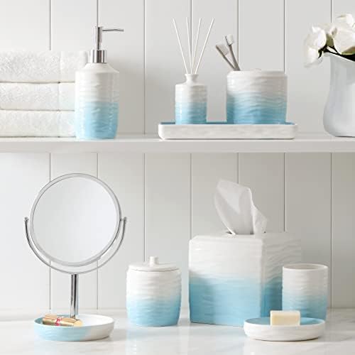 Bathroom Accessories Set, 5-Piece Ceramic Bath Accessory Complete Set with Lotion Dispenser/Soap Pump, Cotton Jar, Soap Dish, Tumbler and Toothbrush Holder (Blue and White Gradient)