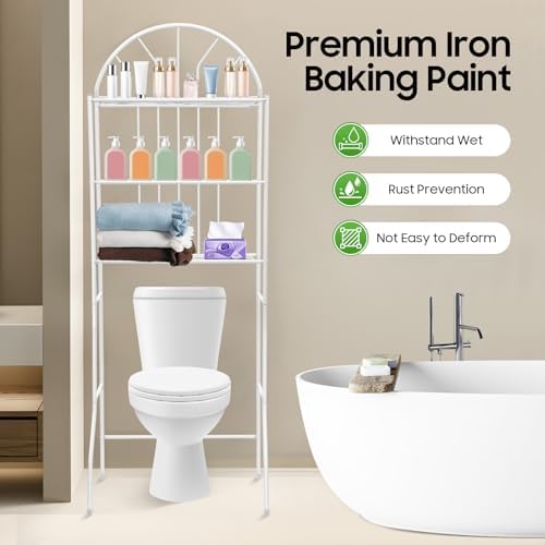 3-Tier Over Toilet Storage Shelf, Freestanding Bathroom Shelves Organizer with Hooks and Toilet Paper Holder, White Freestanding Metal Rack for Toiletries & Towels
