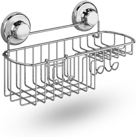 HASKO Suction Cup Shower Caddy Basket for Shampoo, Shower Suction Shelf Organizer, Basket with Soap Holder and Hooks, Stainless Steel Shampoo Holder for Bathroom Storage, Chrome