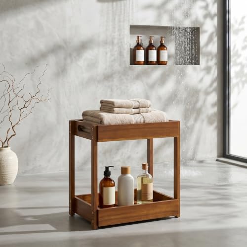 BEEFURNI 2-Tier Corner Standing Acacia Wood Shower Caddy Organizer