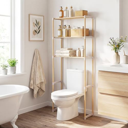 COSTWAY 3-Tier Over The Toilet Rack, Solid Wood Vertical Organizer