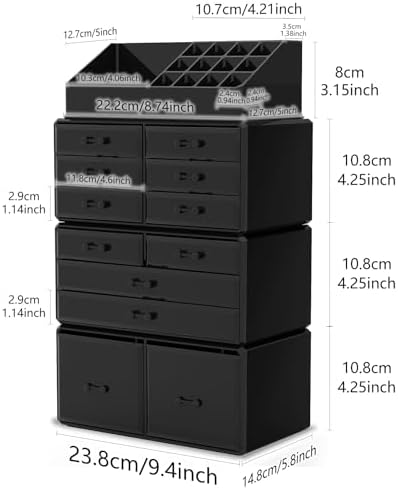 Readaeer Makeup Cosmetic Organizer Storage Drawers Display Boxes Case with 12 Drawers (Black)
