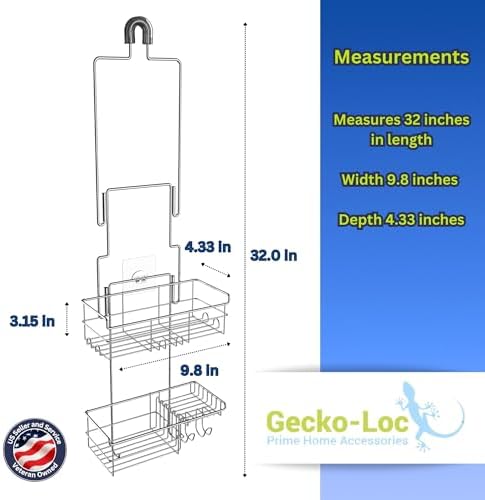 Gecko-Loc Extra-Long Adjustable Over-the-Showerhead Shower Caddy – Rustproof Stainless Steel Organizer with Suction Stabilizer, Deep Basket & Hooks – No-Drill, Tool-Free Installation (Silver)