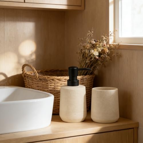 2Pcs Beige Resin Bathroom Set, Soap & Toothbrush Holder, Minimalist