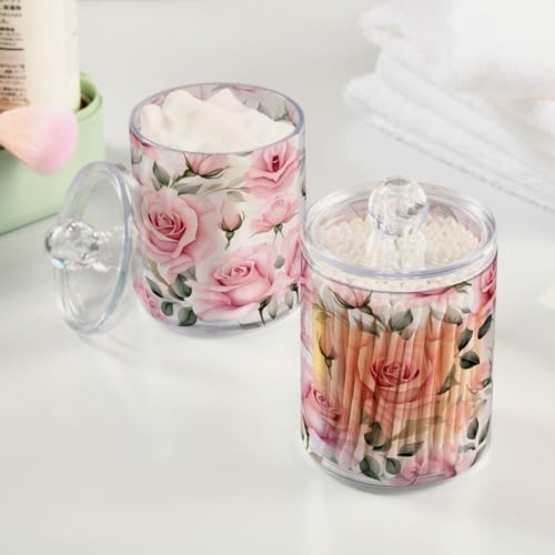 MNSRUU 4 Pack Qtip Holder Organizer Dispenser Pink Roses Pink Bathroom Storage Canister Cotton Ball Holder Bathroom Containers for Cotton Swabs/Pads/Floss