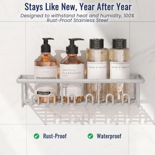 8 Pack Adhesive Rustproof Shower Caddy with Soap Dishes, Toothbrush Holder & Hooks, Large Capacity No-Drilling Shower Shelves Rack for Bathroom Organizers and Storage Accessories, Light Gray