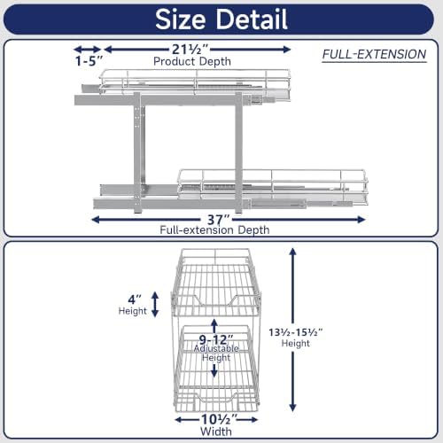 2-Tier Pull Out Cabinet Organizer, 10.5" W x 21.5" D, Heavy Duty Dual Slide Out Shelves for Narrow Base Cabinets, Chrome Wire Basket Drawer for Spices, Bottles & Snacks