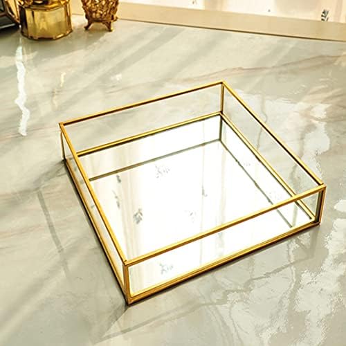 Square Vintage Gold Mirror Glass Vanity Tray,Ornate Geometric and Brass Plated Display Storage Organizer for Makeup Brushes/Lipstick/Skincare/Perfumes/Beauty Room/Bathroom Accessories