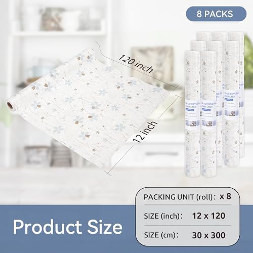 FIFTY FEET 12"x120" Non-Adhesive Shelf Liner for Kitchen Cabinets and Drawers, Washable Non-Slip PVC Cabinet Liner (White Floral)(8 Roll)