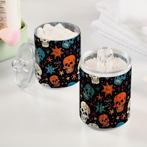 Colorful Skulls with Stars Clear Plastic Jars 2 Pack Clear Plastic Apothecary Jars Bathroom Vanity Organizer for Cotton Pads, Cotton Ball, Cotton Swabs, Floss Picks 10 Oz