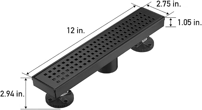 AVSIILE Linear Shower Floor Drain, Matte Black 12 Inch 304 Stainless Steel Bathroom Drains Kit, Long Rectangular Shower Trench Drain with Square Pattern Drain Cover & Hair Catcher