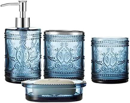 4PCs Teal Blue Glass Bathroom Accessories Set with Decorative Pressed Pattern - Includes Hand Soap Dispenser & Tumbler & Soap Dish & Toothbrush Holder (Dark Blue)