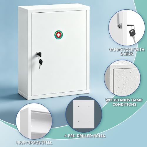 KYODOLED Locking Medicine Cabinet with Keys, Wall Mount, 15.75 Inch, White