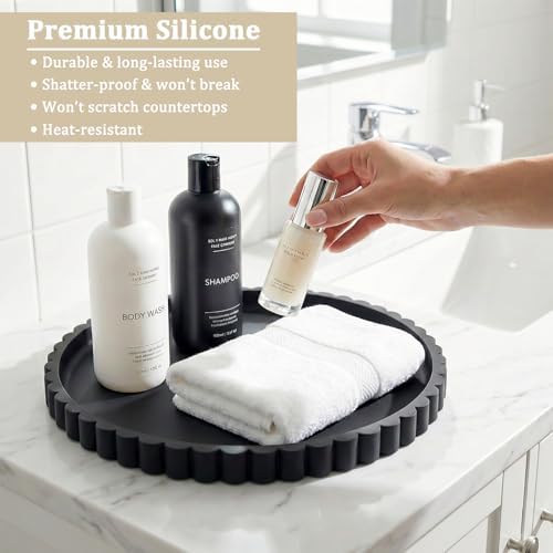 Silicone Bathroom Vanity Tray, Modern Round Decorative Tray for Countertop, Waterproof & Unbreakable Cosmetic Perfume Organizer, Extra-Thick & Sturdy, Easy to Clean Candle Tray (9 Inch, Black)