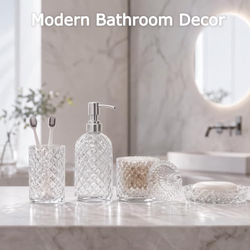 LaMarriti Clear Bathroom Accessories Set, 4Pcs Clear Glass Bathroom Set
