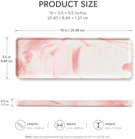 10″ x 3.5″ Ceramic Bathroom Vanity Tray, Rectangular Decorative Countertop Tray for Bathroom Kitchen, Ceramic Organizer Tray for Perfume, Candle, Jewelry, Cosmetics, Soap Dispenser, Marble Pink