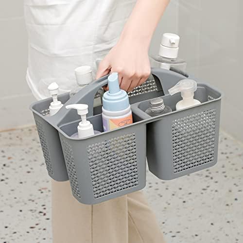 Plastic Portable Shower Caddy Basket with Handle, 3 Compartments, Grey