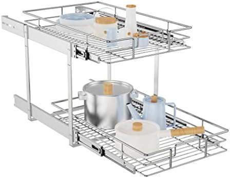 LOVMOR Individual Pull Out Cabinet Organizer, 2 Tier Slide Out Cabinet Drawers, Pots and Pans Organizer and Storage Pantry Shelf for Kitchen (14" W x 21" D)